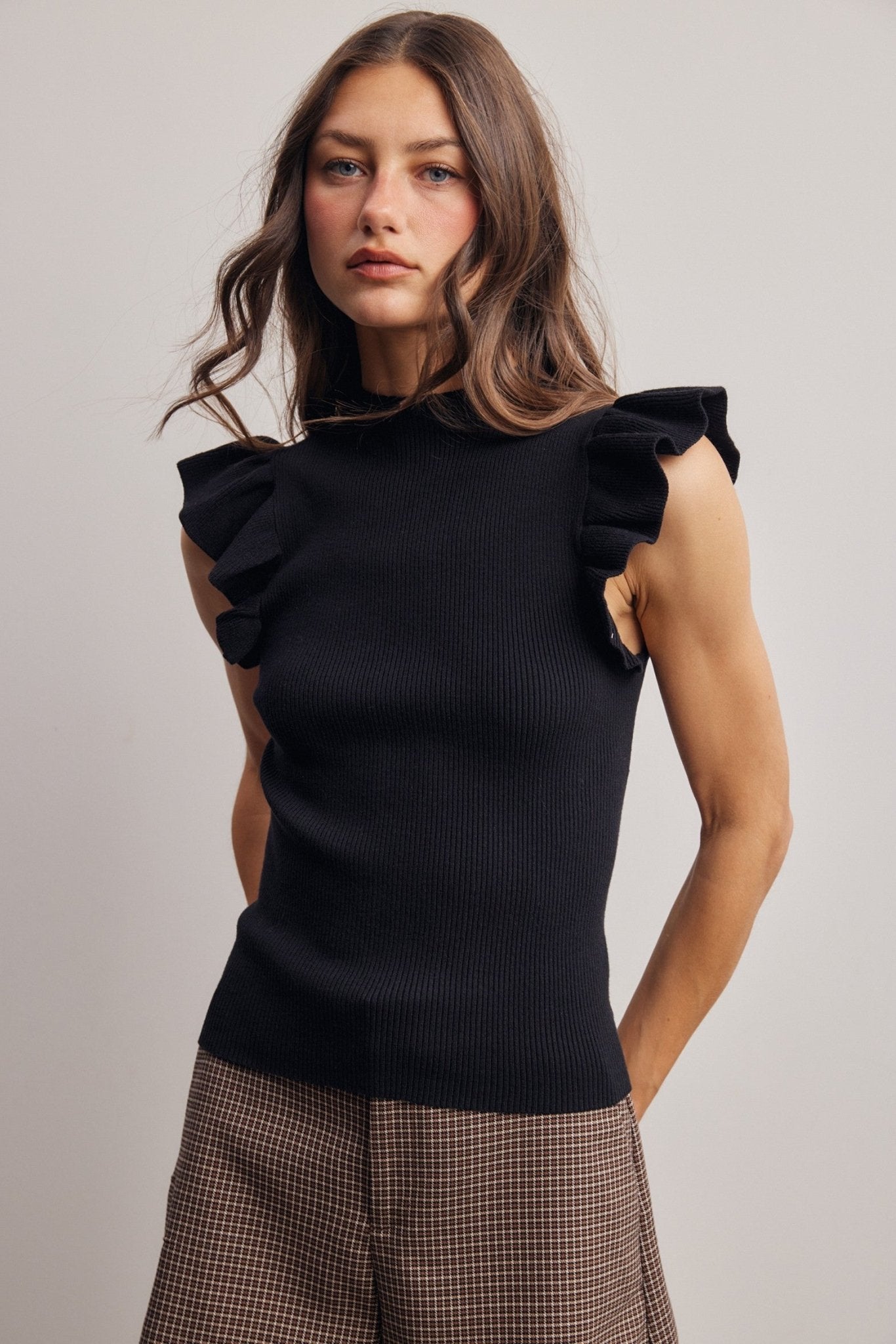 Liora Ruffle Sleeve Rib Knit Top - Westly