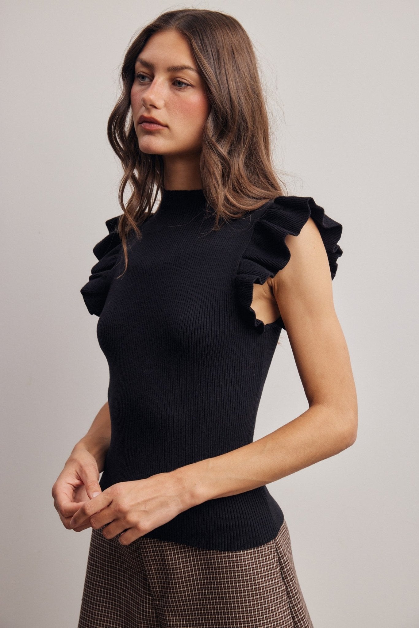 Liora Ruffle Sleeve Rib Knit Top - Westly