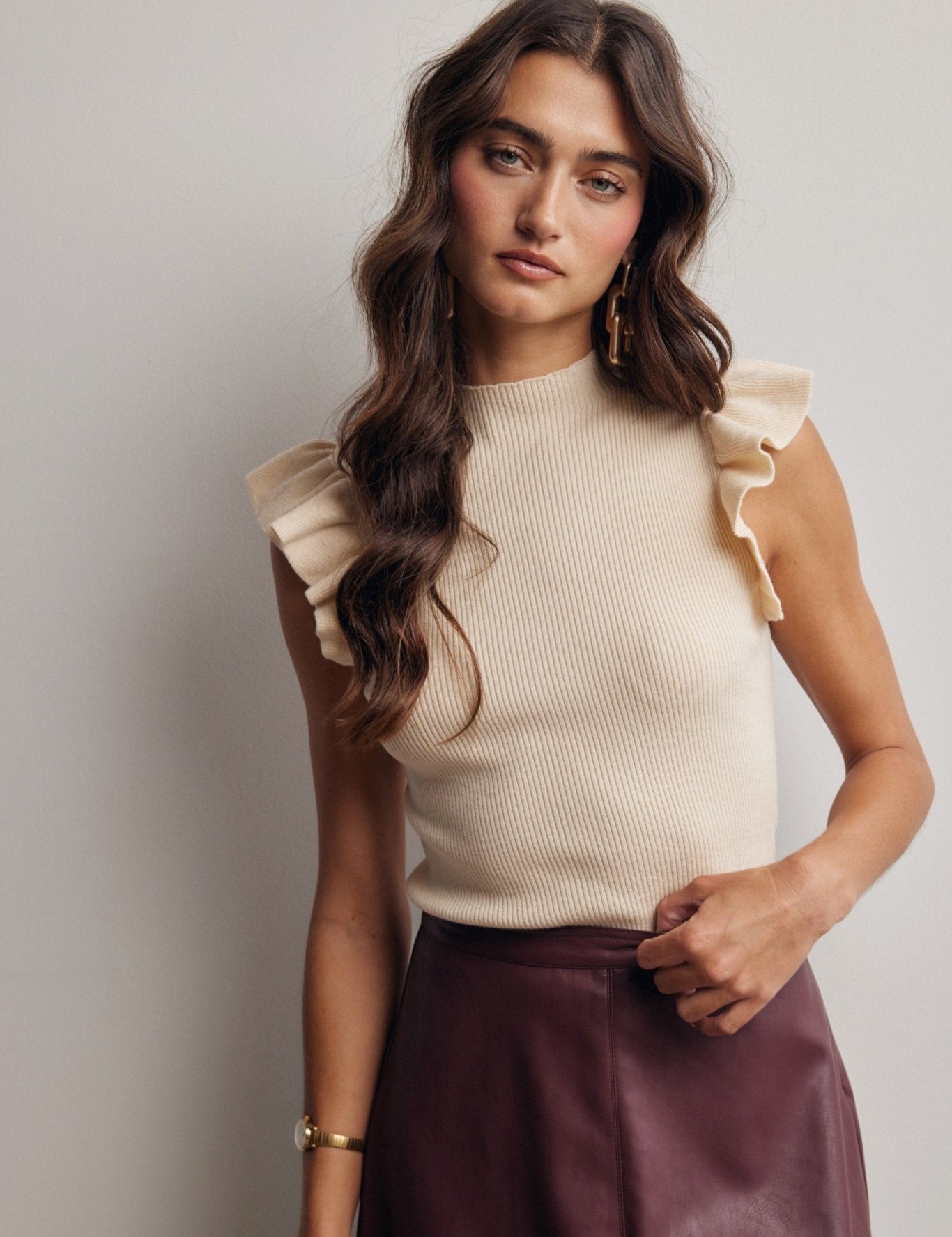 Liora Ruffle Sleeve Rib Knit Top - Westly