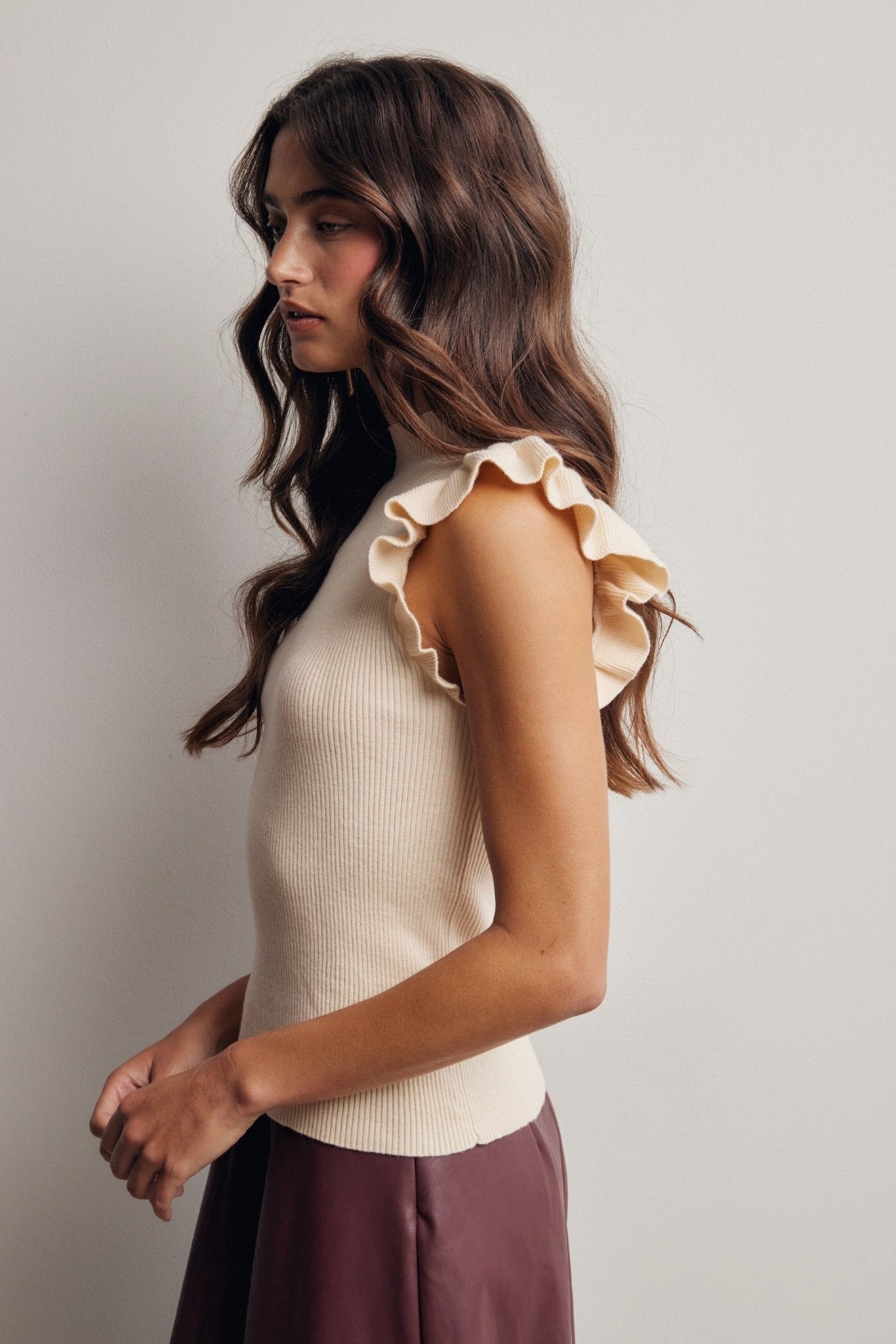 Liora Ruffle Sleeve Rib Knit Top - Westly