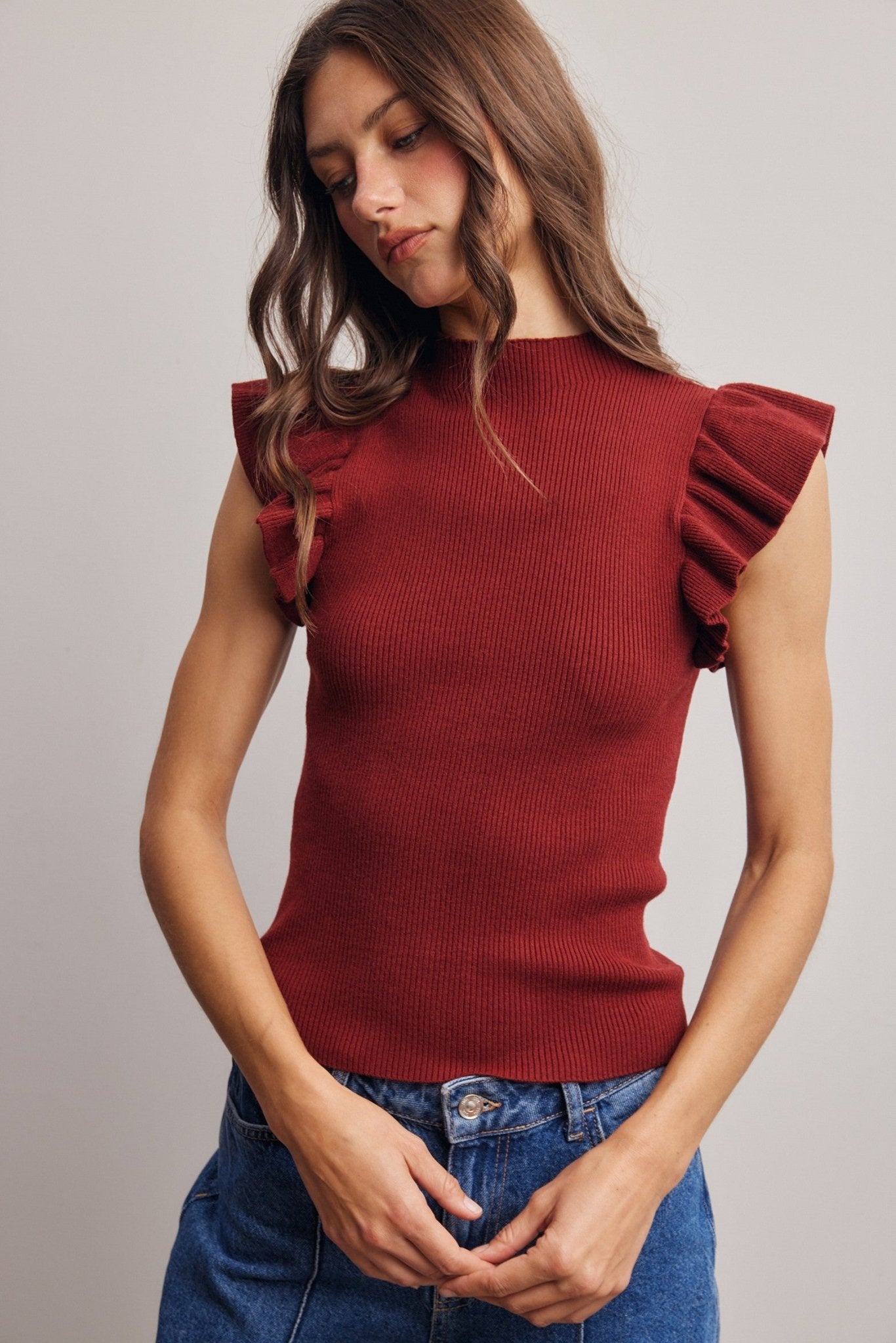 Liora Ruffle Sleeve Rib Knit Top - Westly