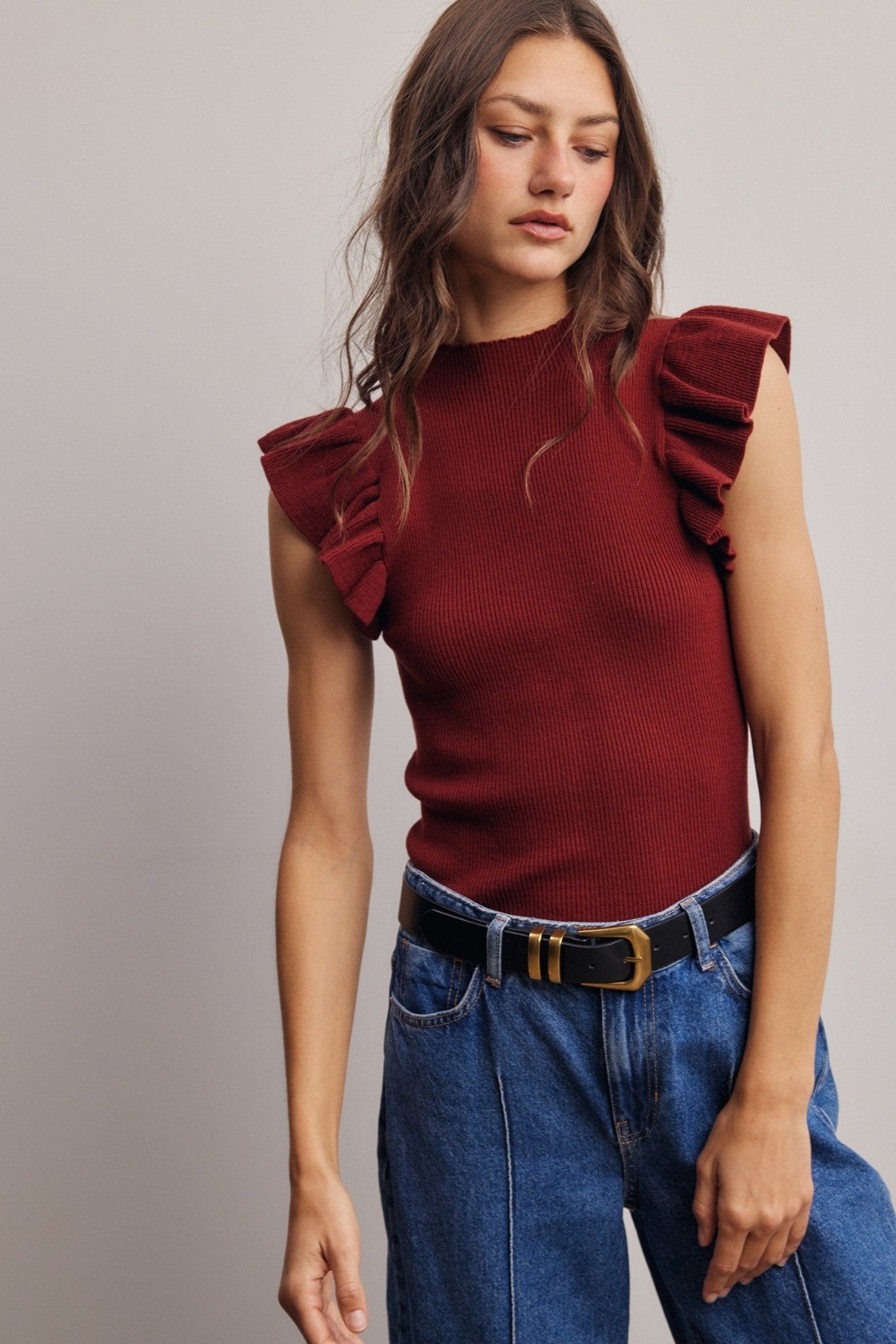Liora Ruffle Sleeve Rib Knit Top - Westly