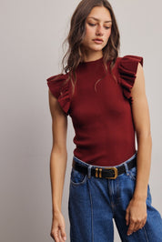 Liora Ruffle Sleeve Rib Knit Top - Westly