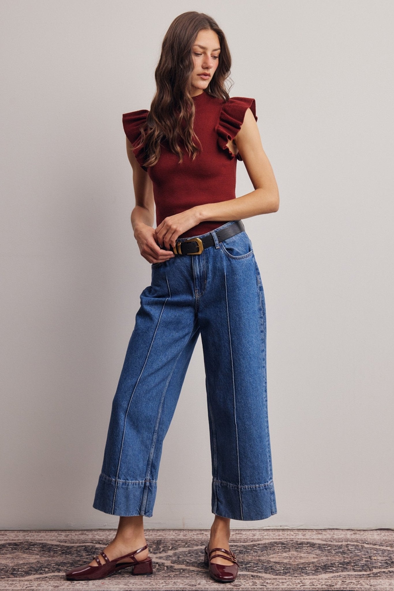 Liora Ruffle Sleeve Rib Knit Top - Westly
