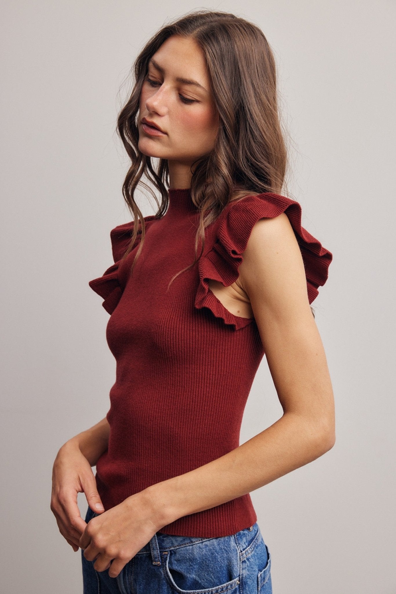 Liora Ruffle Sleeve Rib Knit Top - Westly