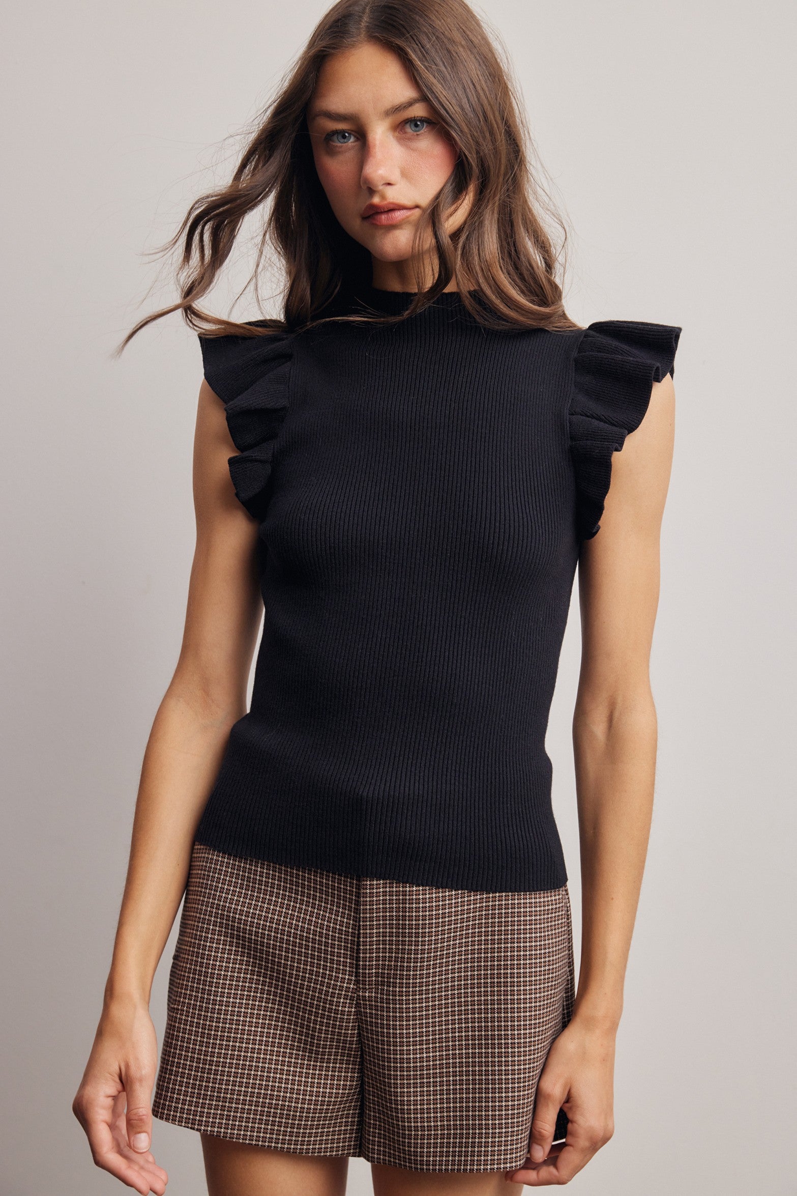 Liora Ruffle Sleeve Rib Knit Top in Black, photo 1