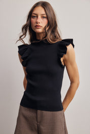 Liora Ruffle Sleeve Rib Knit Top in Black, photo 4