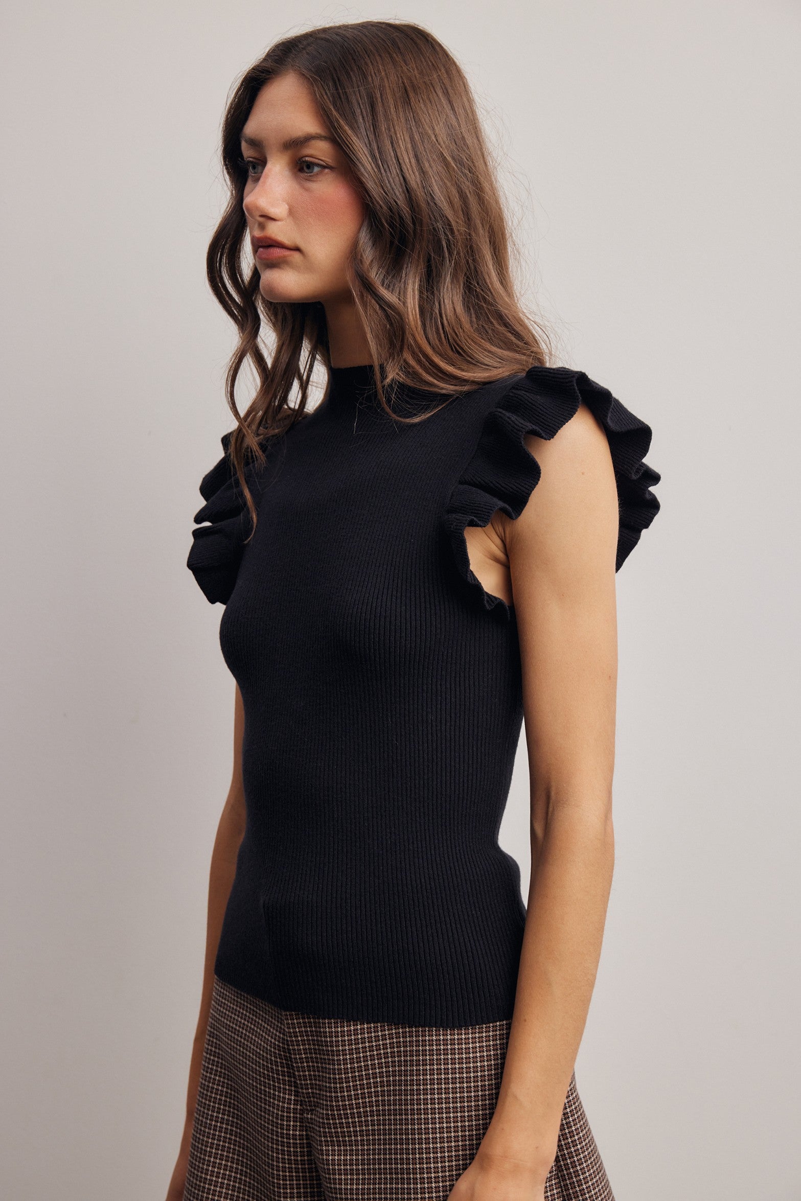 Liora Ruffle Sleeve Rib Knit Top in Black, photo 5