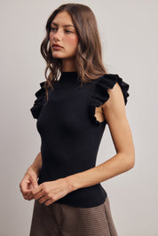 Liora Ruffle Sleeve Rib Knit Top in Black, photo 6