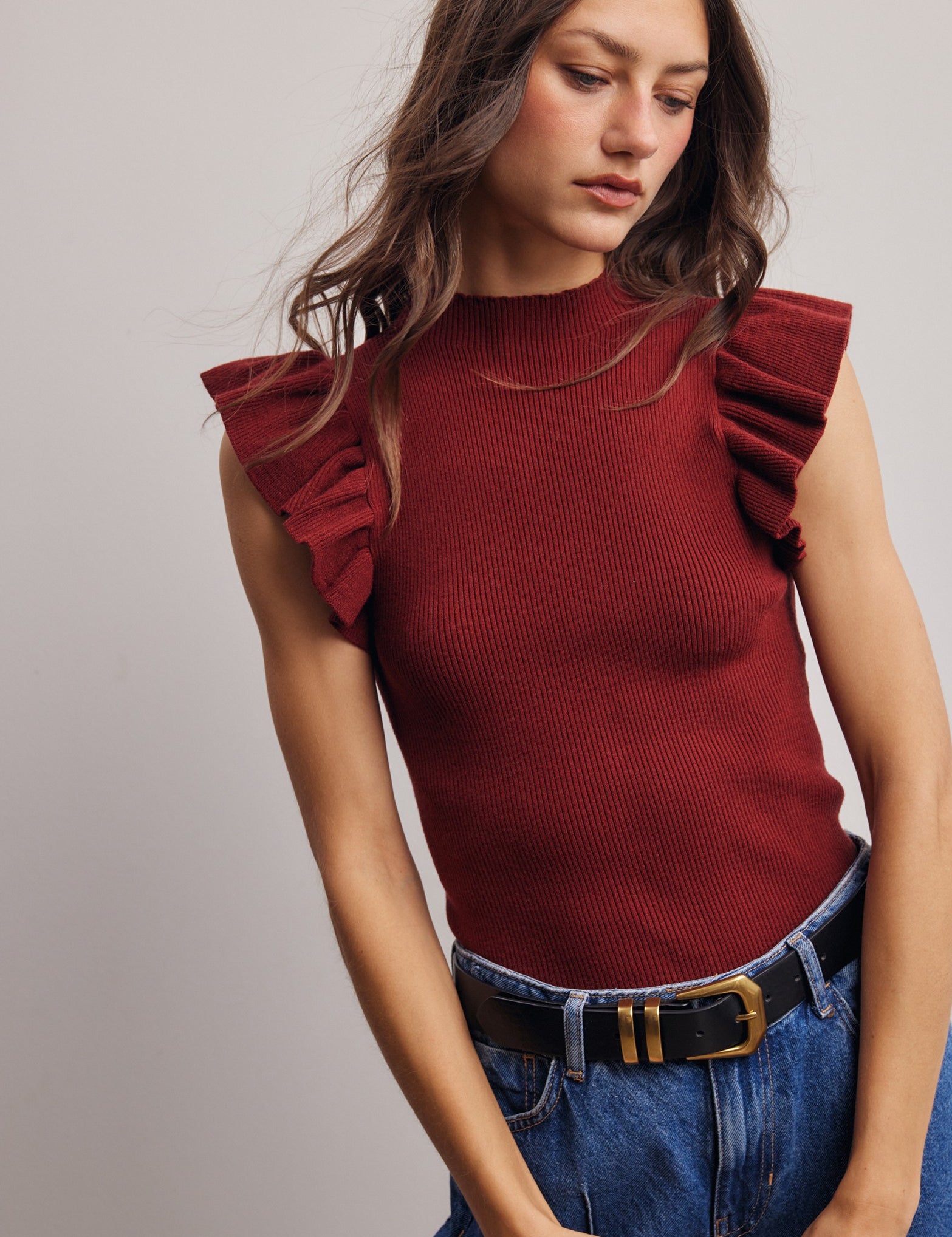 Liora Ruffle Sleeve Rib Knit Top in Burgundy, photo 2