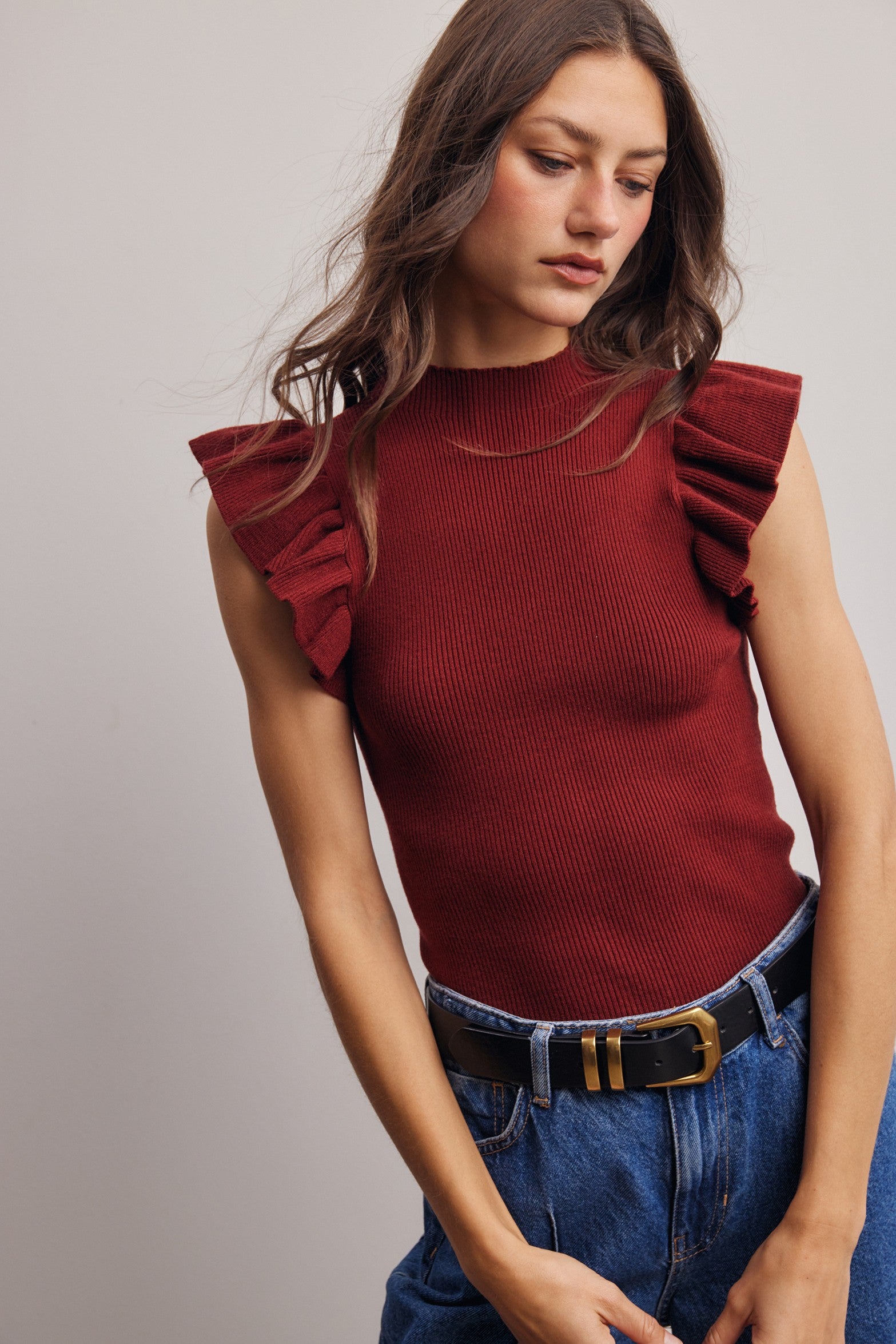 Liora Ruffle Sleeve Rib Knit Top in Burgundy, photo 2