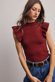 Liora Ruffle Sleeve Rib Knit Top in Burgundy, photo 2