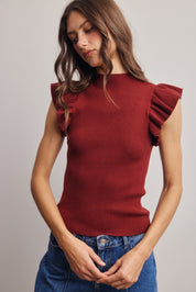 Liora Ruffle Sleeve Rib Knit Top in Burgundy, photo 3