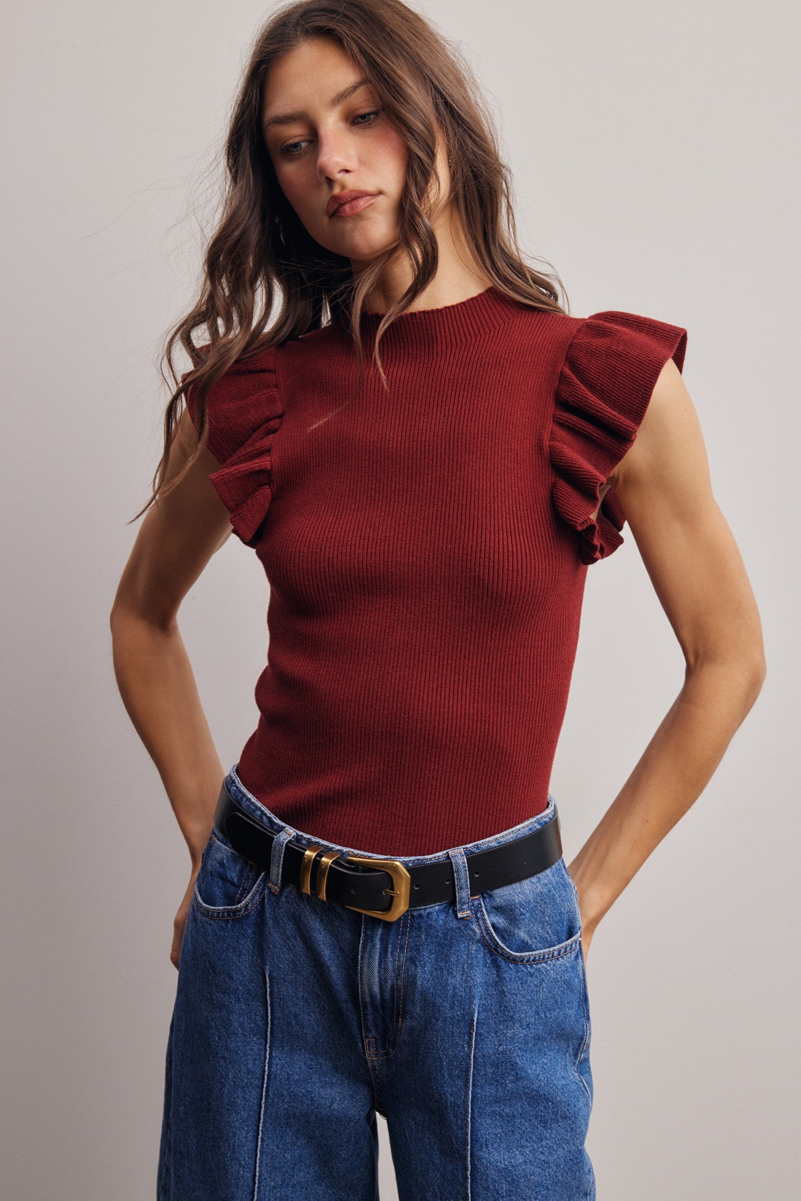 Liora Ruffle Sleeve Rib Knit Top in Burgundy, photo 5