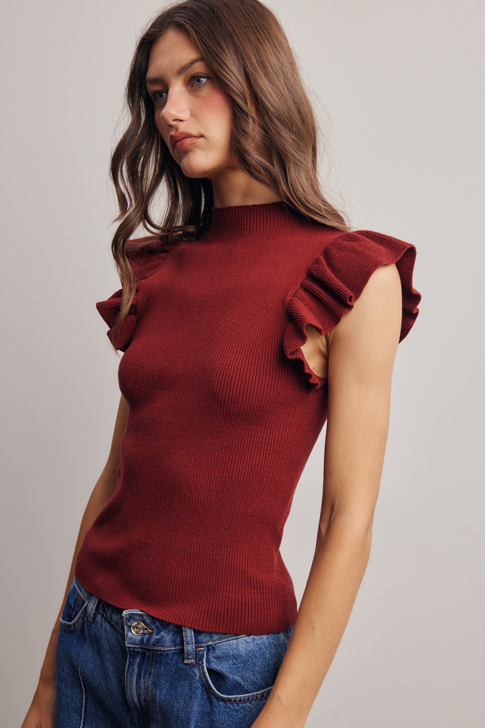 Liora Ruffle Sleeve Rib Knit Top in Burgundy, photo 6