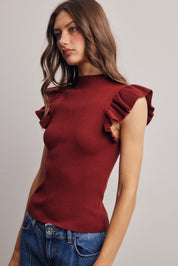 Liora Ruffle Sleeve Rib Knit Top in Burgundy, photo 6
