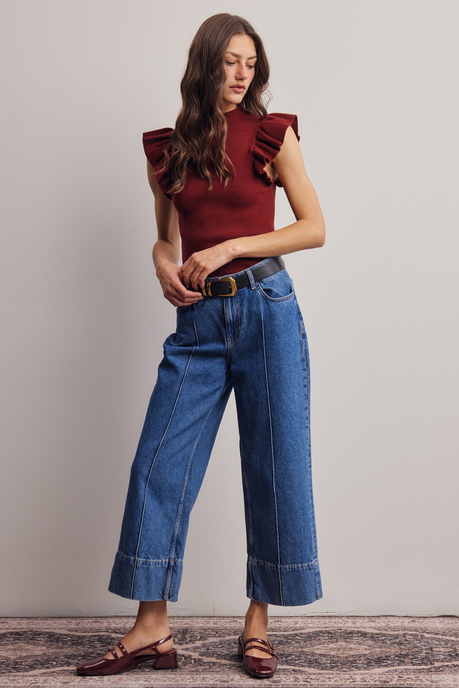 Liora Ruffle Sleeve Rib Knit Top in Burgundy, photo 9