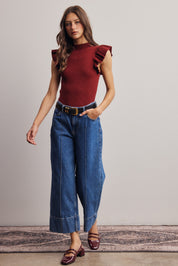 Liora Ruffle Sleeve Rib Knit Top in Burgundy, photo 10