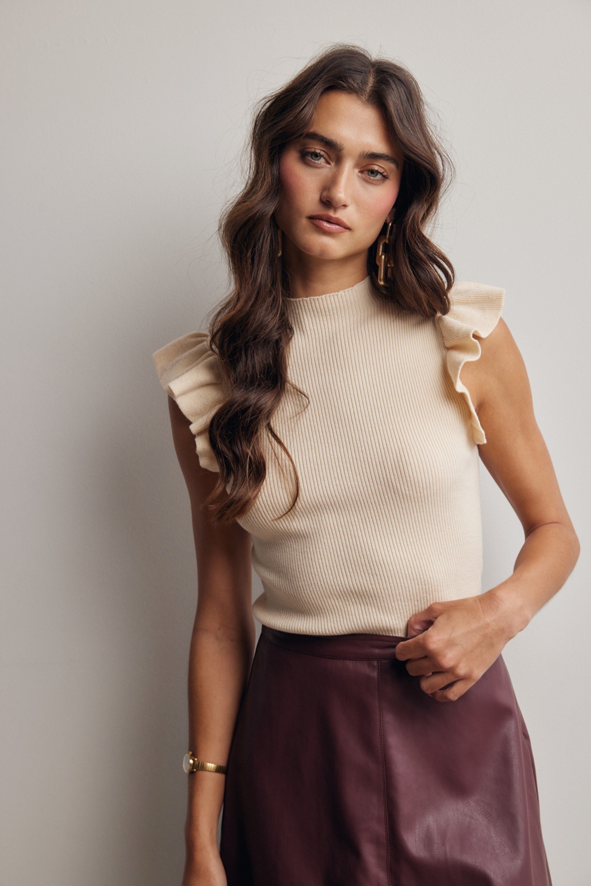 Liora Ruffle Sleeve Rib Knit Top in Cream, photo 2