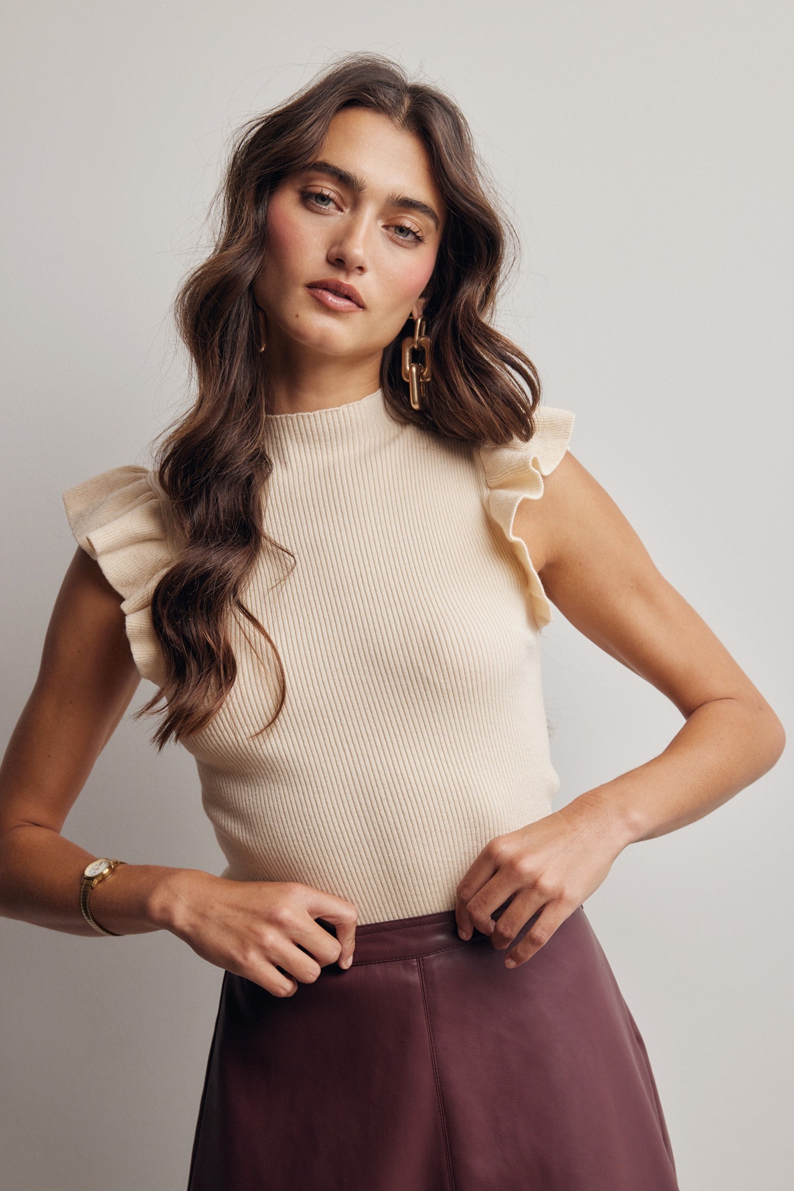 Liora Ruffle Sleeve Rib Knit Top in Cream, photo 3