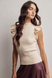 Liora Ruffle Sleeve Rib Knit Top in Cream, photo 4