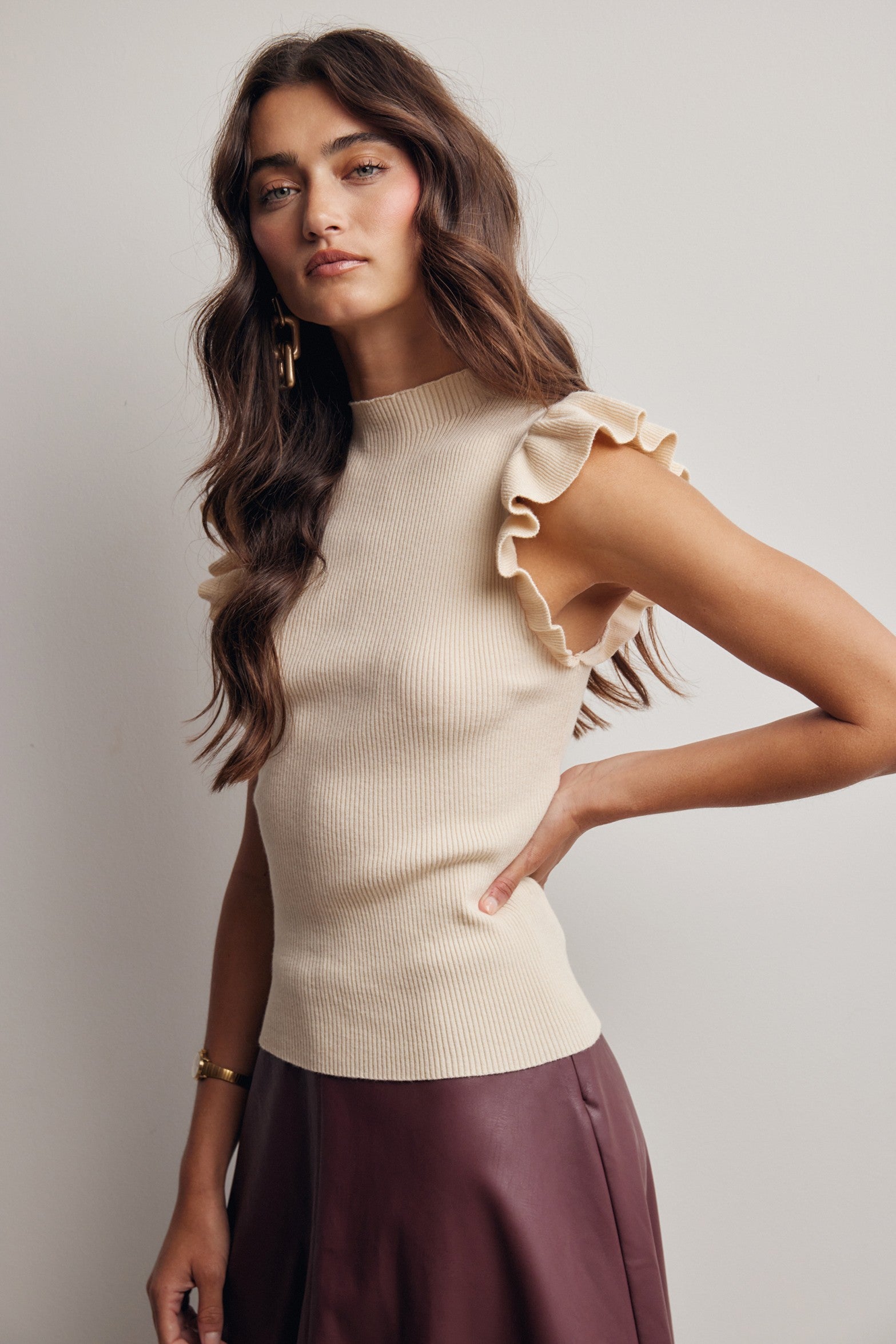Liora Ruffle Sleeve Rib Knit Top in Cream, photo 5