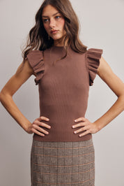 Liora Ruffle Sleeve Rib Knit Top in Mocha, photo 1