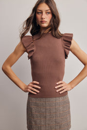 Liora Ruffle Sleeve Rib Knit Top in Mocha, photo 2
