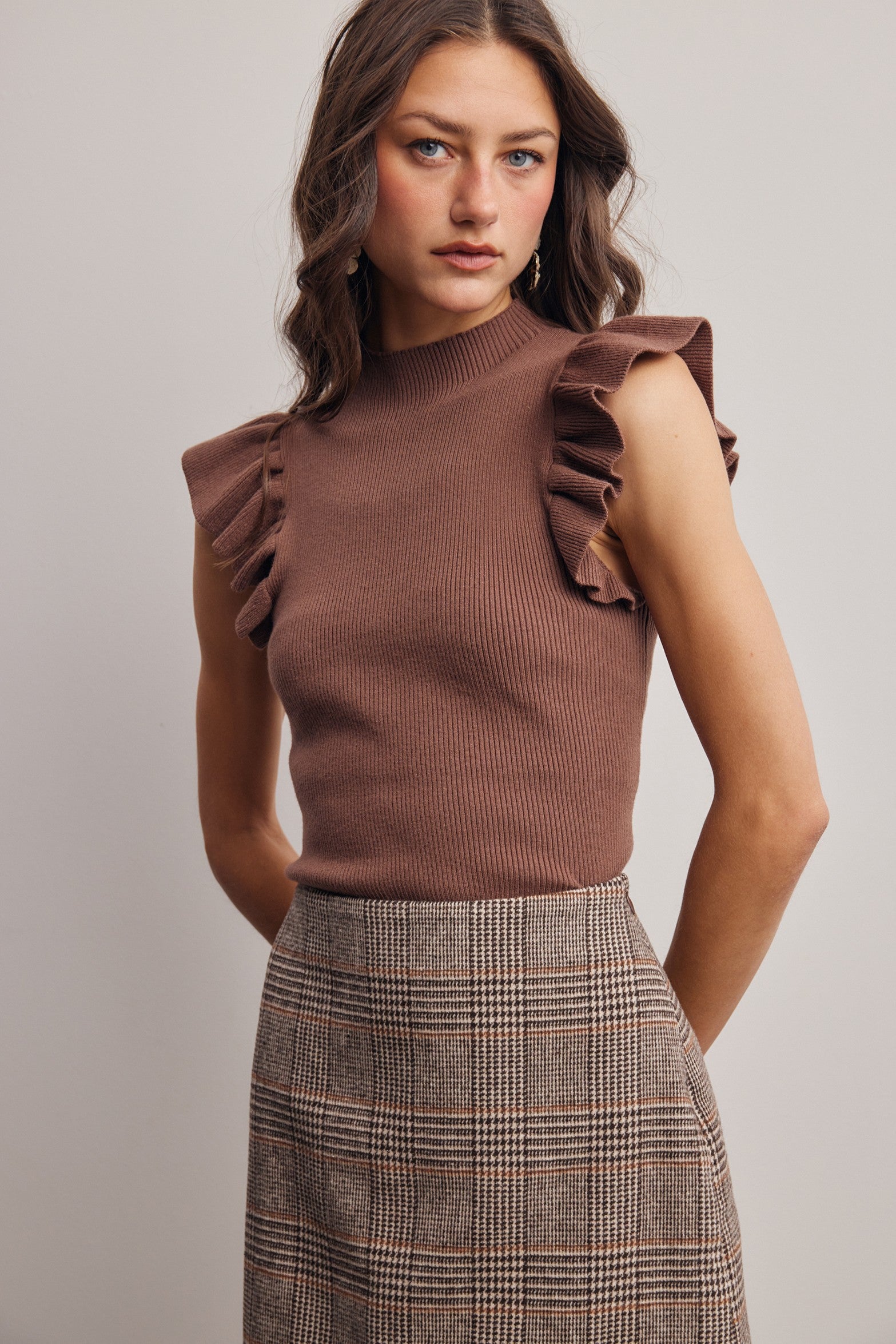 Liora Ruffle Sleeve Rib Knit Top in Mocha, photo 4