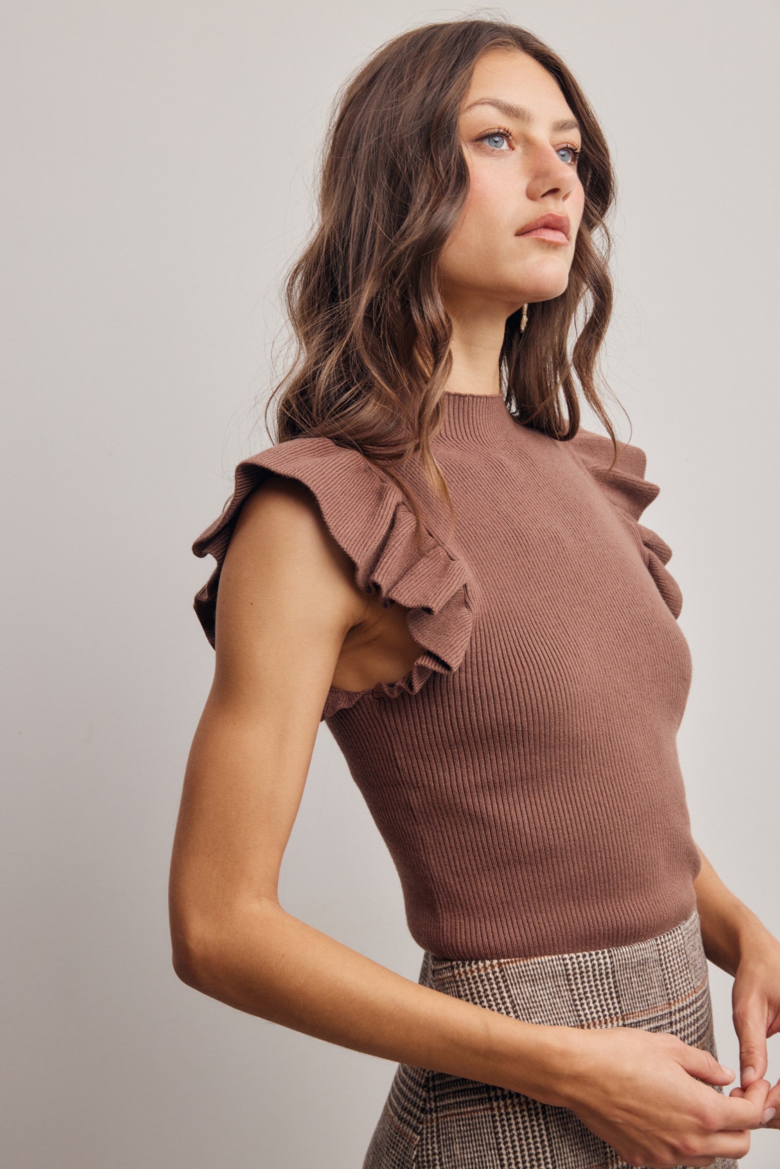 Liora Ruffle Sleeve Rib Knit Top in Mocha, photo 6