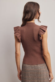 Liora Ruffle Sleeve Rib Knit Top in Mocha, photo 8