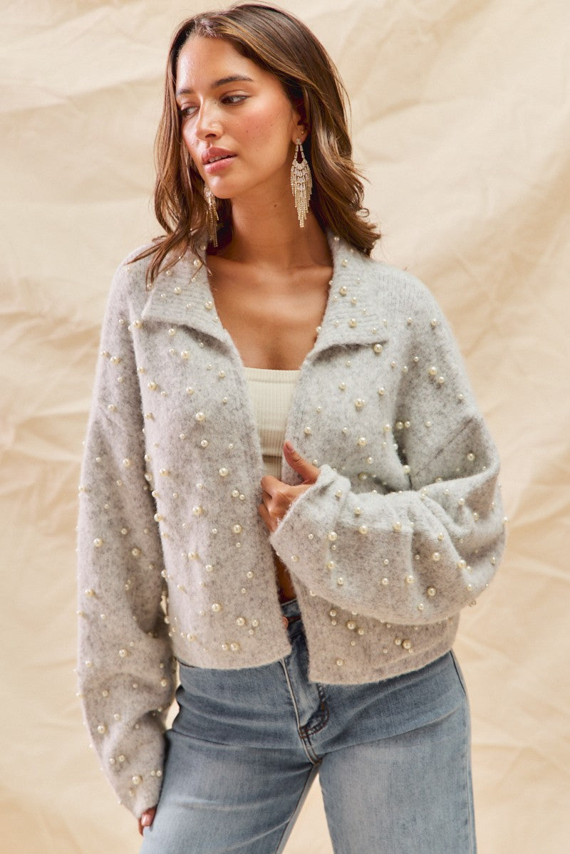 Lisette Pearl Embellished Cardigan - Light Grey