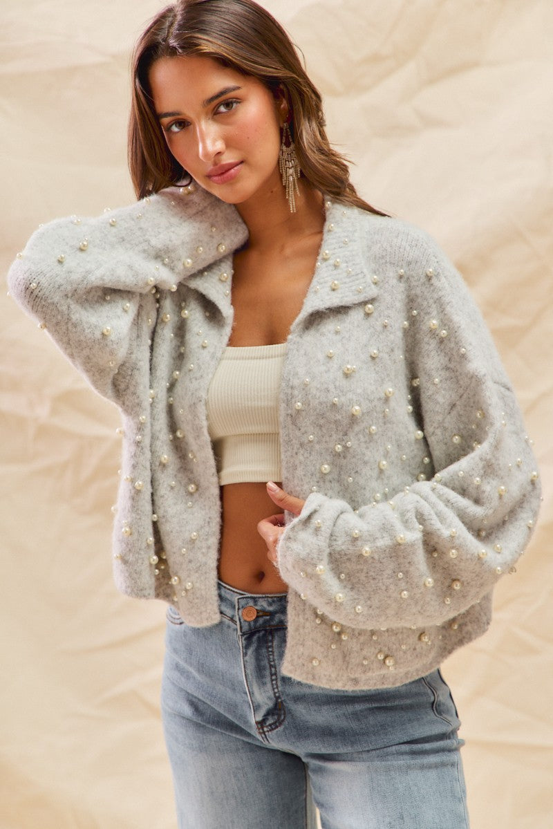 Lisette Pearl Embellished Cardigan - Light Grey