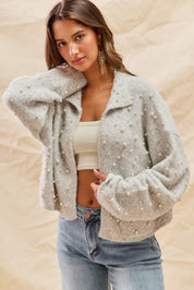 Lisette Pearl Embellished Cardigan - Light Grey