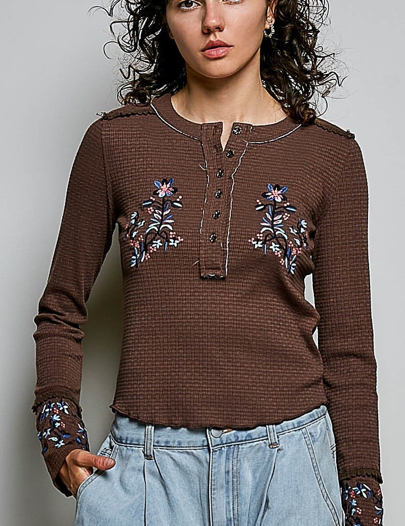 Little Darling Floral Embroidered Henley - Westly