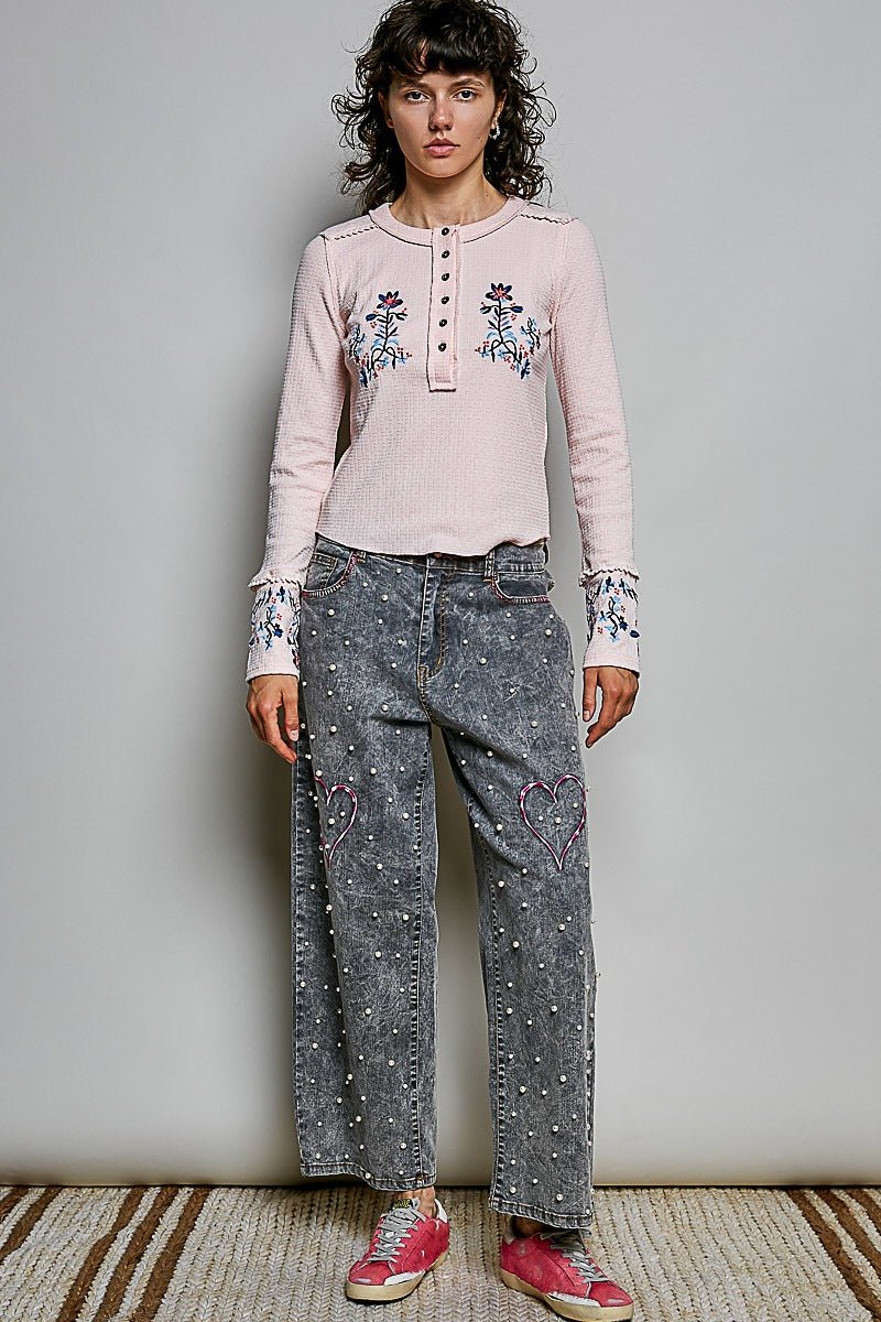 Little Darling Floral Embroidered Henley - Westly