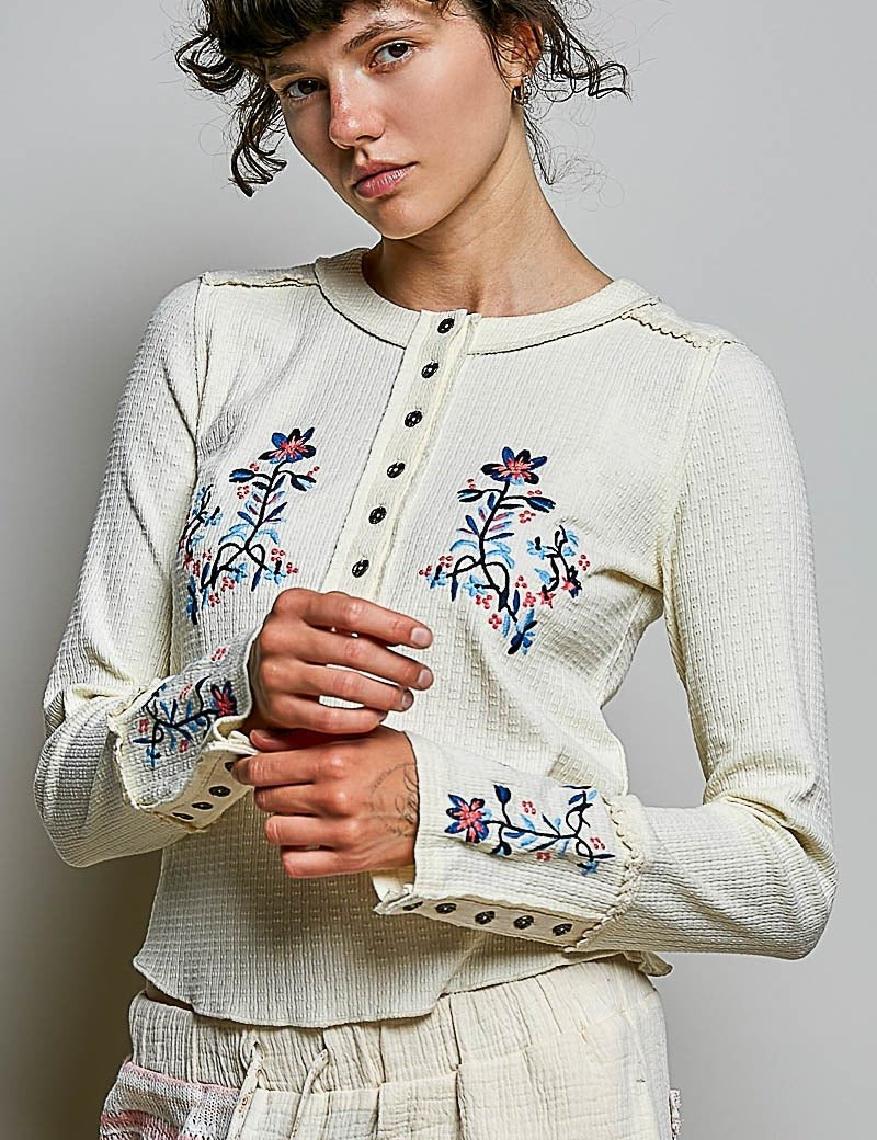 Little Darling Floral Embroidered Henley - Westly
