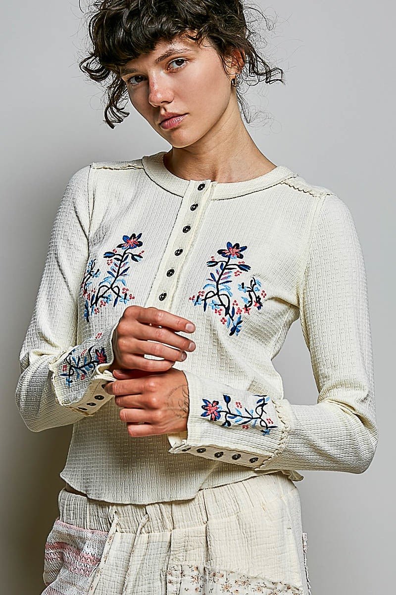 Little Darling Floral Embroidered Henley - Westly