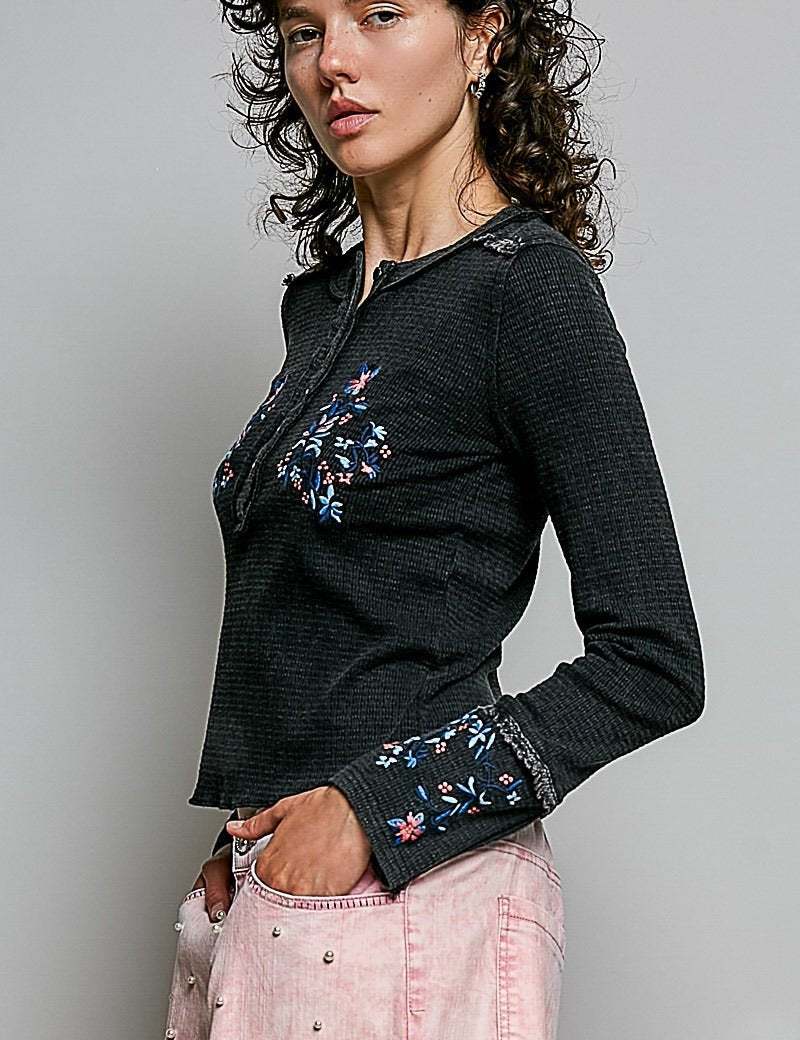 Little Darling Floral Embroidered Henley - Westly
