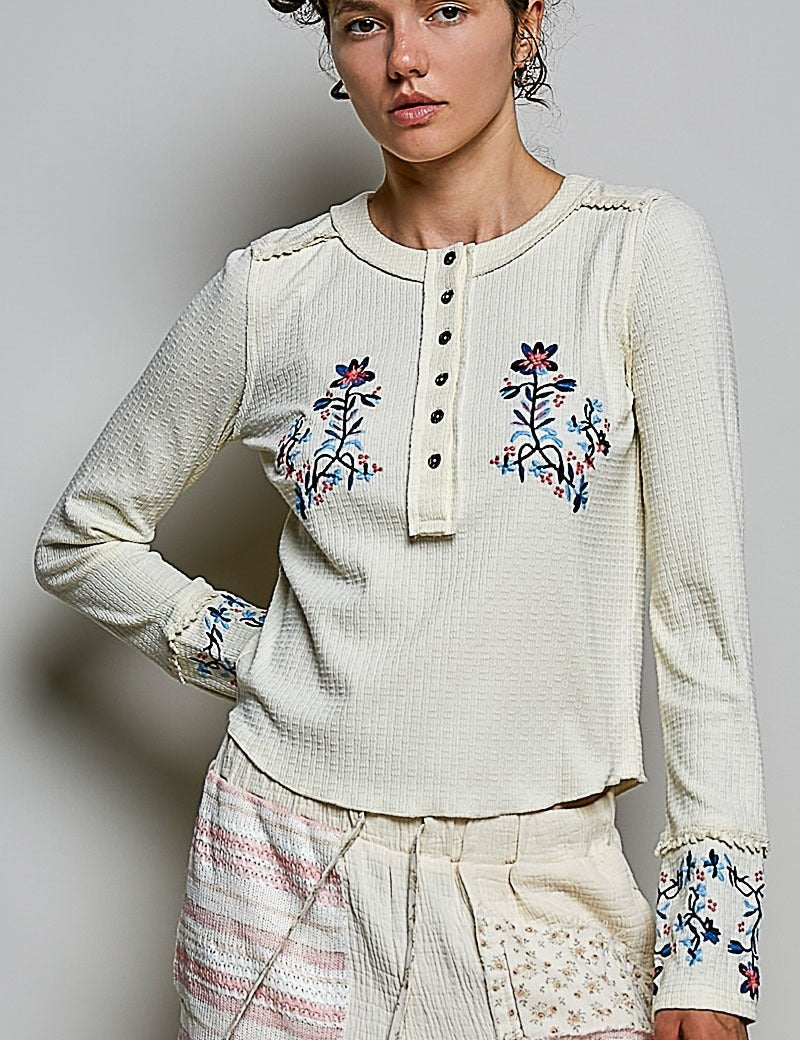 Little Darling Floral Embroidered Henley - Westly