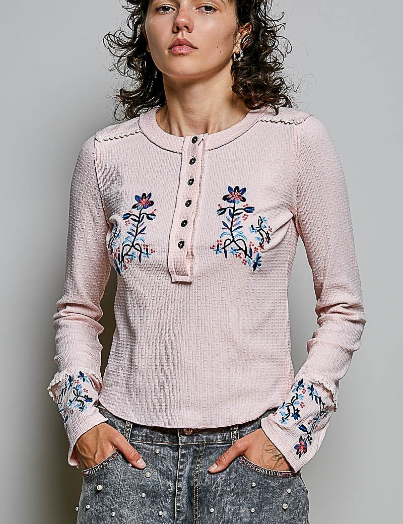 Little Darling Floral Embroidered Henley - Westly