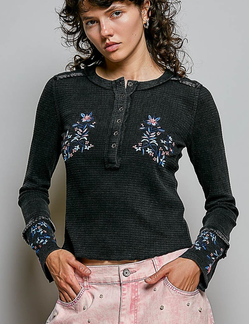 Little Darling Floral Embroidered Henley - Westly