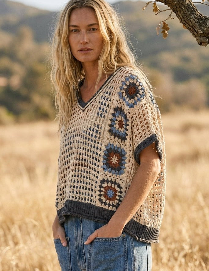 Lola Crochet Patchwork V - Neck Short Sleeve Top - Westly