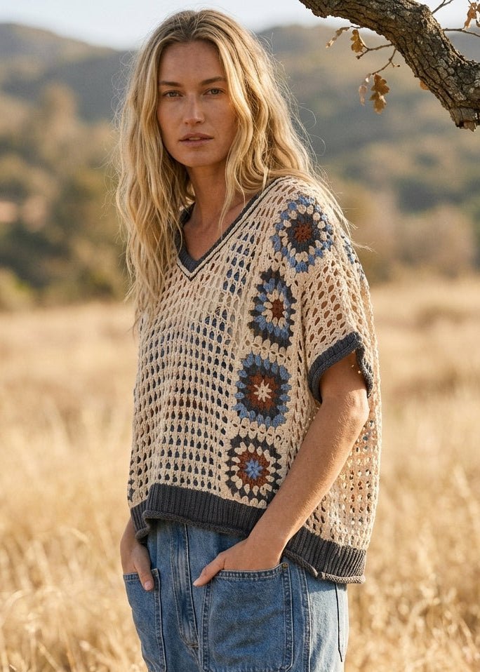 Lola Crochet Patchwork V - Neck Short Sleeve Top - Westly