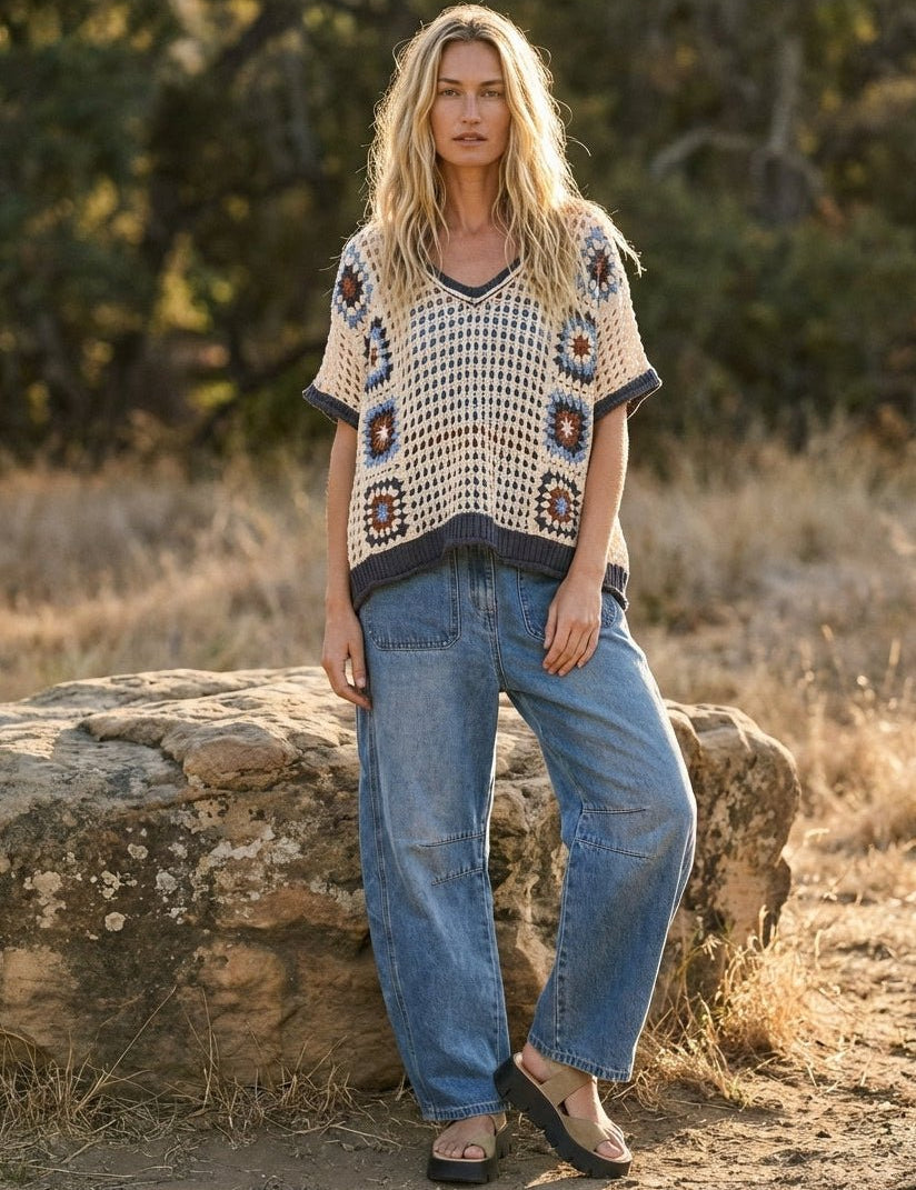 Lola Crochet Patchwork V - Neck Short Sleeve Top - Westly