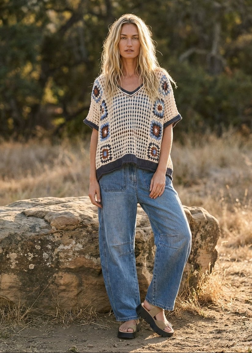 Lola Crochet Patchwork V - Neck Short Sleeve Top - Westly