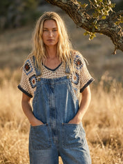 Lola Crochet Patchwork V - Neck Short Sleeve Top - Westly