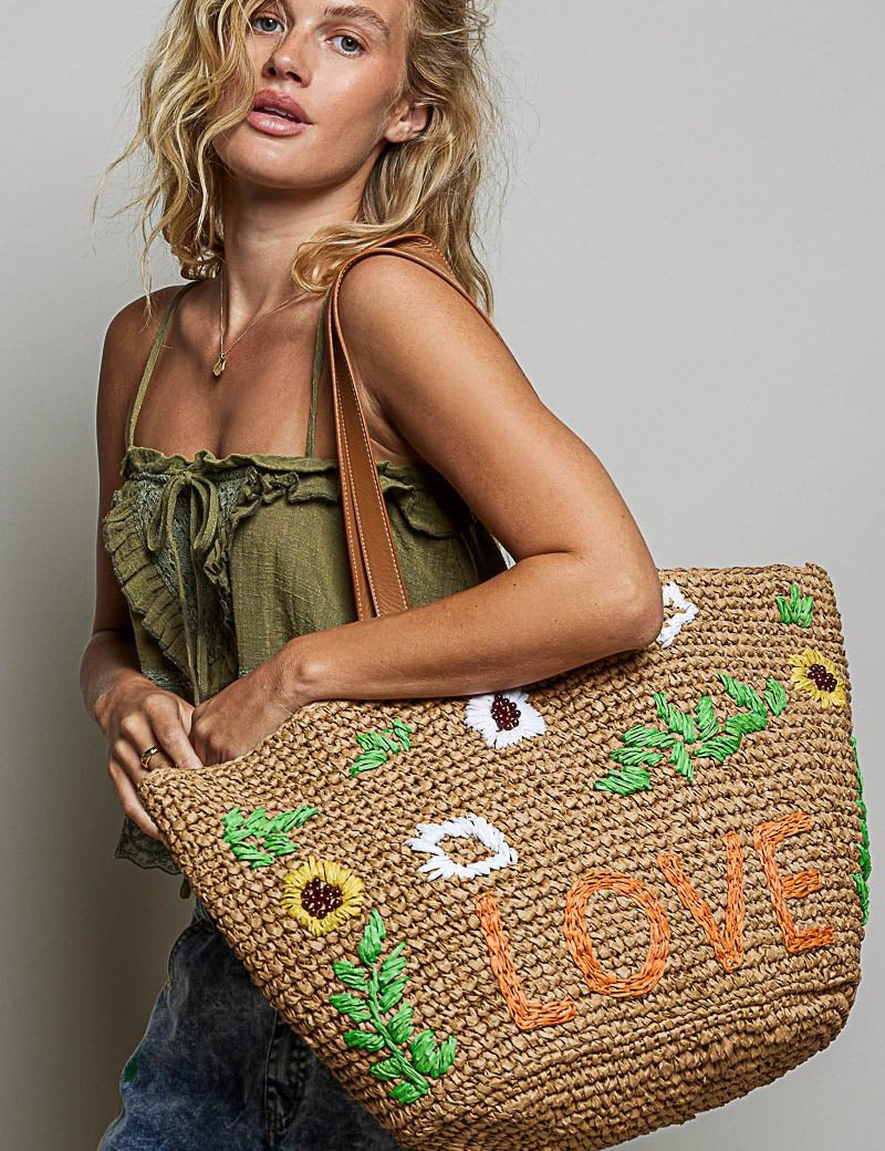Love Grows Here Embroidered Straw Tote - Westly
