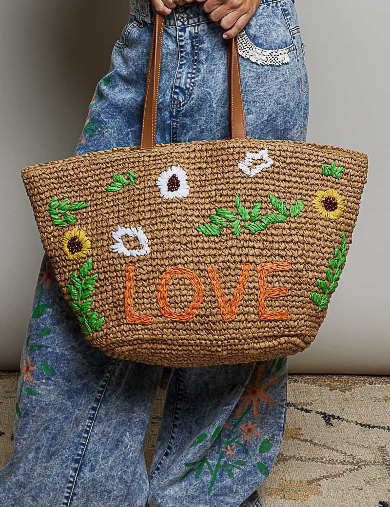 Love Grows Here Embroidered Straw Tote - Westly