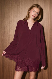 Lovelace Lace Hem Button Down - Burgundy